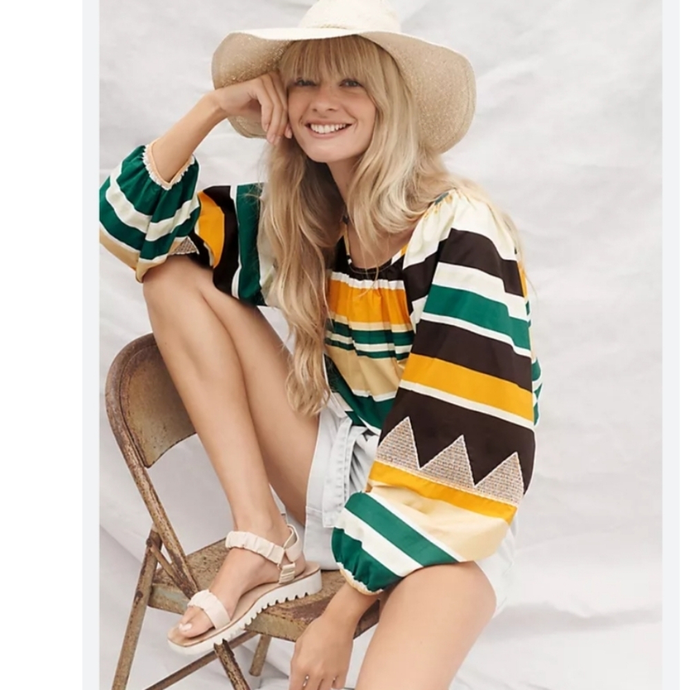 Anthropologie Maeve Clea Blouse Southwest Stripe Balloon Sleeve Crop‎